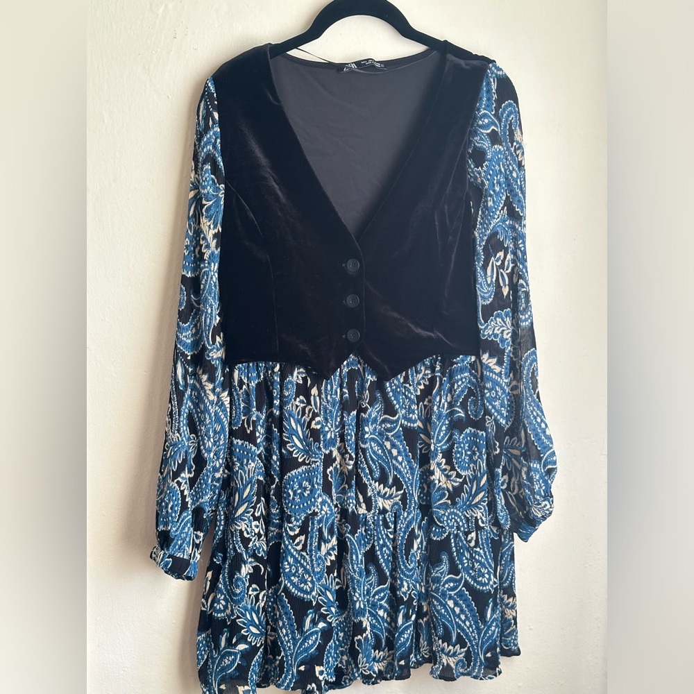 ZARA BLUE BLACK FLORAL PRINT MINI RUFFLE DRESS WITH VELVET WAISTCOAT